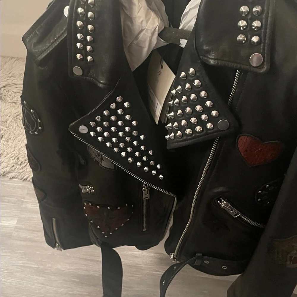 All Saints College studded Black Leather Jacket S - Picture 2 of 5
